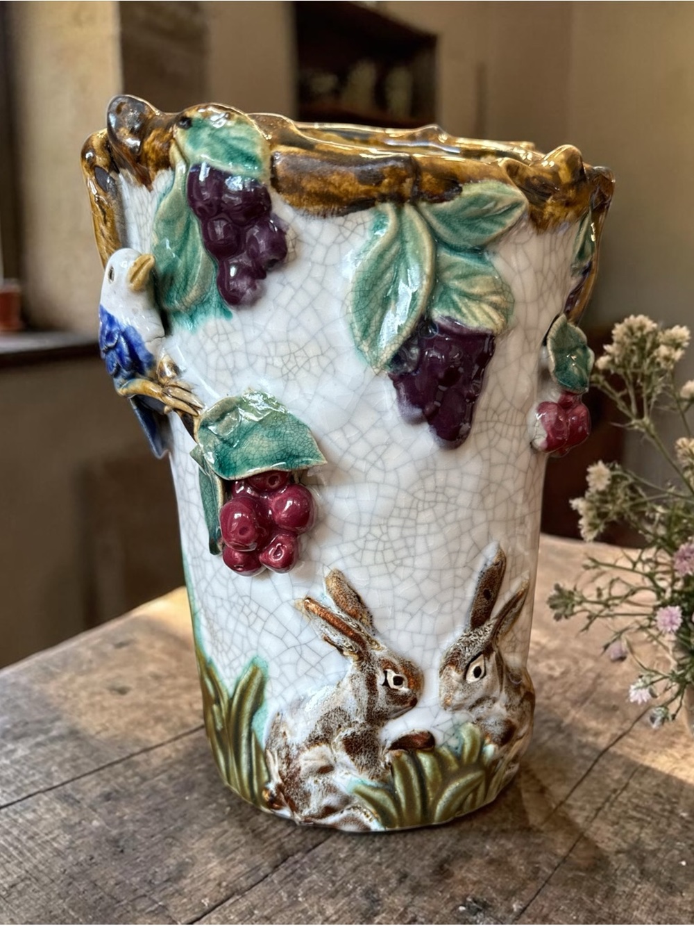 Antique Majolica Vase with many applied, high-relief details. - Picture 2 of 15